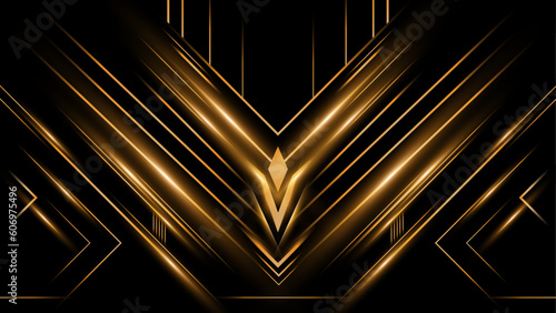 Elegant black and gold abstract luxury stage backdrop background with golden lines and shapes. Premium abstract background. Vector illustration
