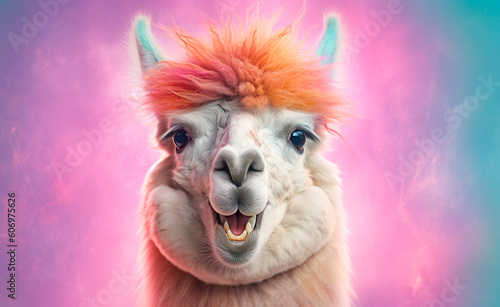 happy smiling llama with color background and fur created with Generative Ai technology © Andrii Yablonskyi