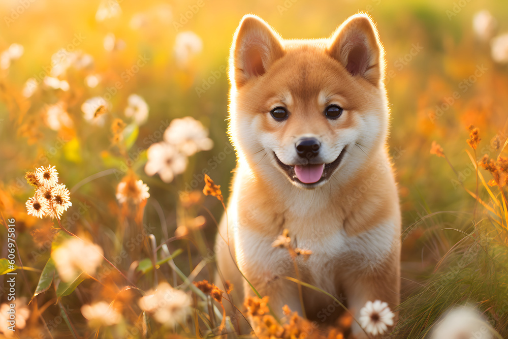 Shiba Inu puppy sat in meadow with flowers Shiba Inu puppy sat in meadow with flowers