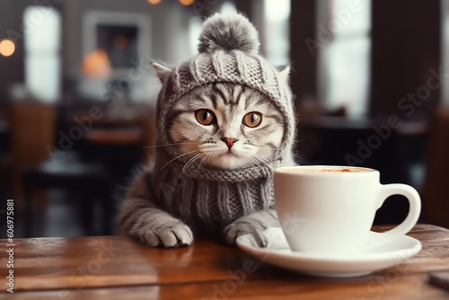 Cute kitten in a gray knitted body and hat sits with a cup of coffee in restaurant. Generative AI