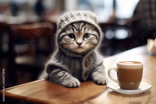Cute kitten in a gray knitted body sits with a cup of coffee on a bar counter in a restaurant. Generative AI