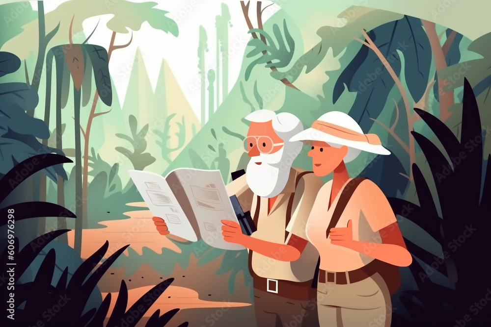Generative AI.Happy active elderly couple with backpacks traveling hiking trail. Grandmother and grandfather walking together. Old people outdoor activity. Cartoon flat style isolated 