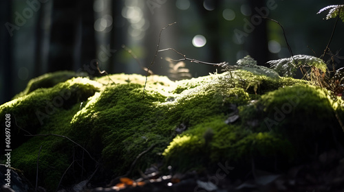 Moss on rock in a forest, dark and moody, sun ray lighting