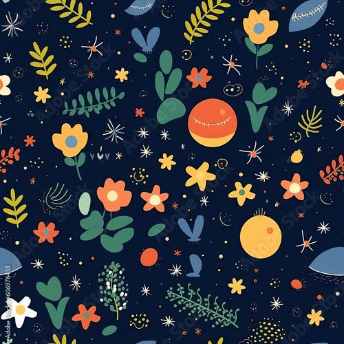 Celestial elements with earthly botanical elements like flowers, plants. Seamless pattern background for textiles, fabrics, covers, wallpapers, print, gift wrapping