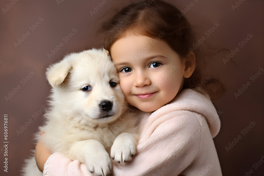 Young girl with cute fluffy white puppy studio shot portrait Young girl with cute fluffy white puppy studio shot portrait