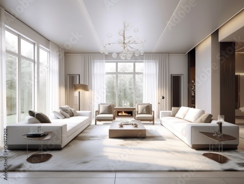 Minimal white modern living room with modern comfortable furniture. Generative AI © Natee Meepian