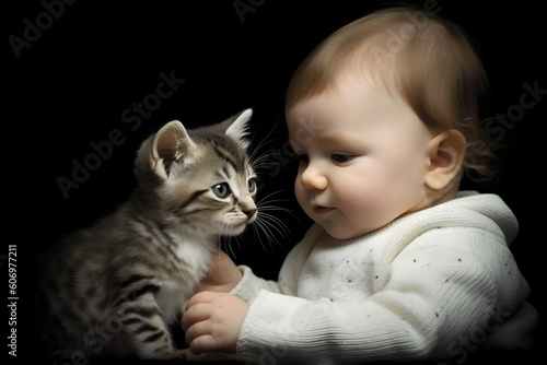 Baby with kitten studio shot portrait isolated on black background