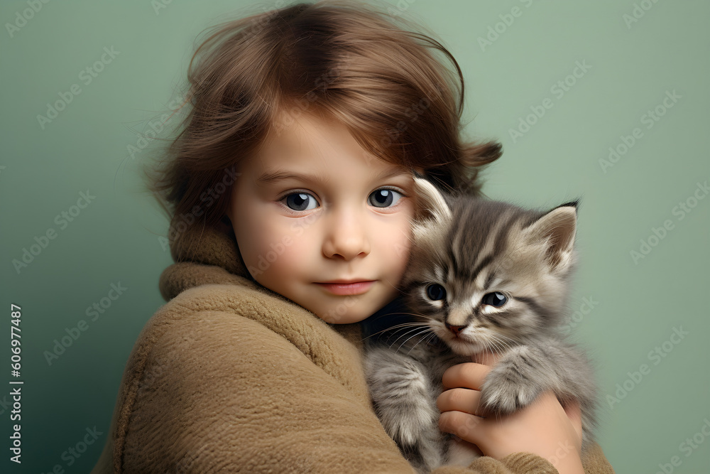 Young child with kitten isolated on plain colour background