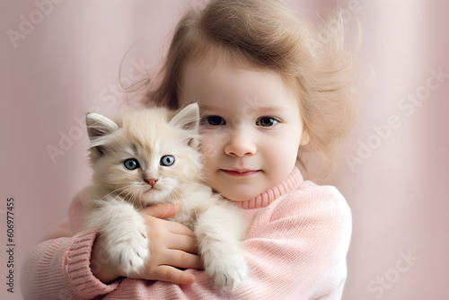 Young girl with kitten pink studio shot portrait