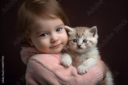 Young child with kitten studio shot portrait