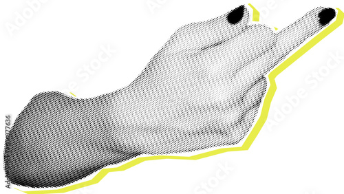 Halftone collage hand with middle finger up. Retro pop art magazine cutout shape in dotted style, human arm, fuck you symbol, dithered texture.