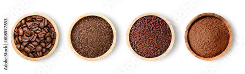 Tableau sur toile Roasted coffee beans and coffee powder (ground coffe) in wooden bowl isolated on white background