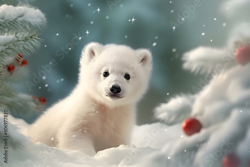Polar bear cub with Christmas trees studio shot © sam