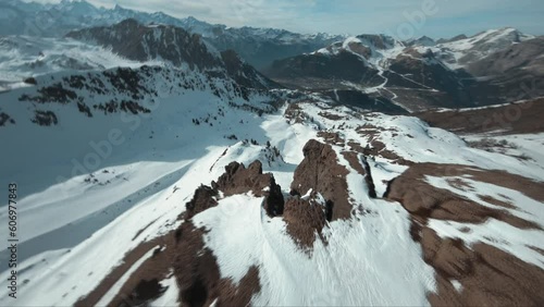 snow alpine mountain FPV Drone winter Aerial High Speed Flight flyover  Peak Everest Rock mountain Ridges Landscape Alps French fast Inspiring Nature Mountaineering adventure skydive pov photo