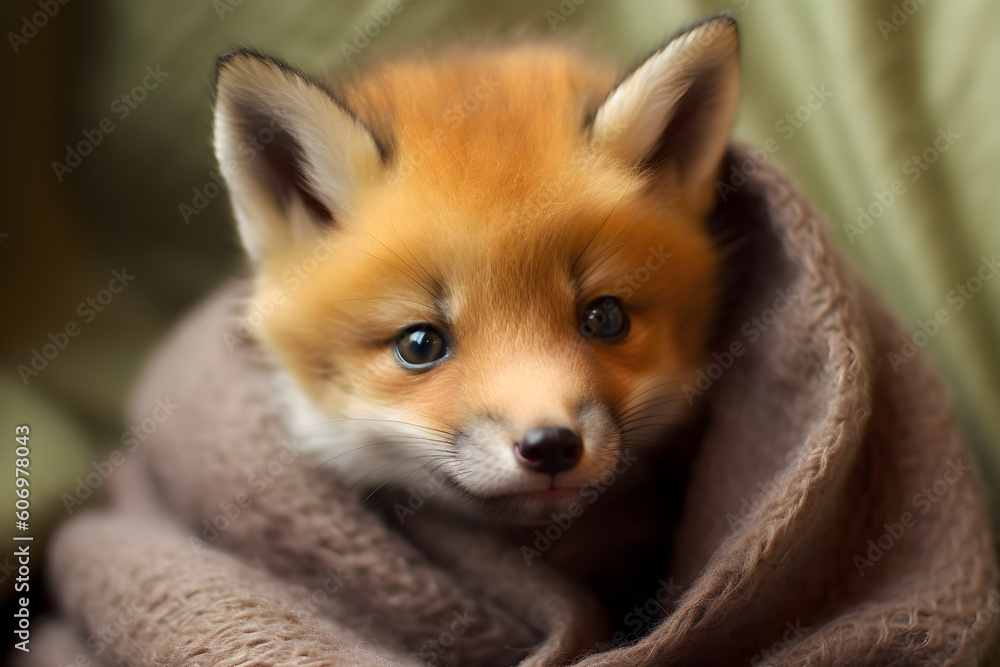 Fox cub in blanket studio portrait shot Fox cub in blanket studio portrait shot