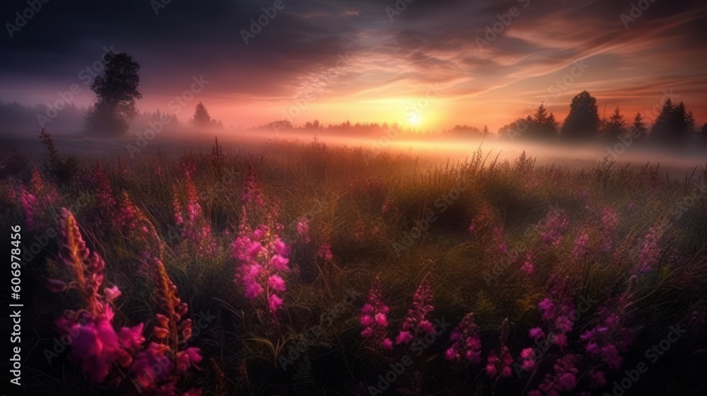Pink flower filed with beautiful pink sky. Generative AI Pink flower filed with beautiful pink sky. Generative AI