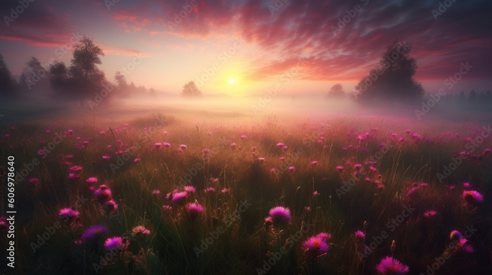 Pink flower filed with beautiful pink sky. Generative AI