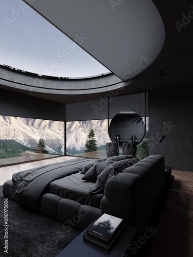 3d animation video, Modern loft bedroom design with large skylight, cozy soft bed and chair, wooden floor, concrete walls and view to dolomiti mountains 3d rendering photo