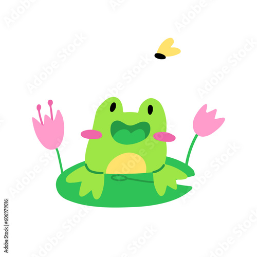 A cute frog sits on a lily pad and looks at a fly. Vector children's naive hand-drawn illustration. Isolated on a white background.