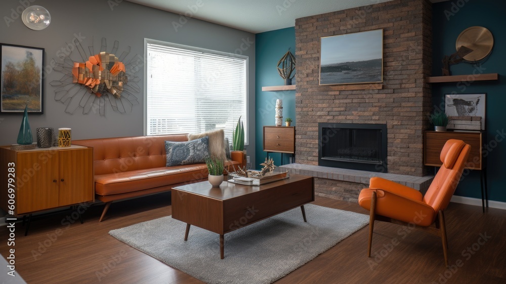 Φωτογραφία Interior design of Living Room in Mid-Century Modern style with Fireplace decorated with Leather, Wood, Metal, Textured fabrics material