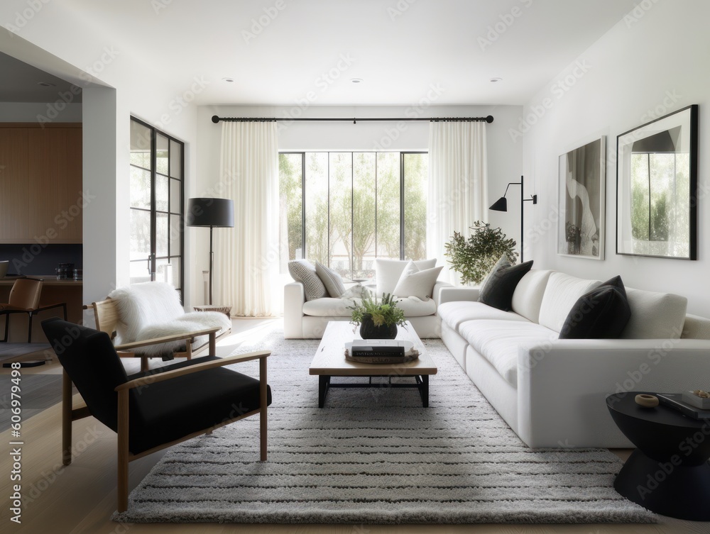 Minimal white modern living room with modern comfortable furniture. Generative AI Minimal white modern living room with modern comfortable furniture. Generative AI