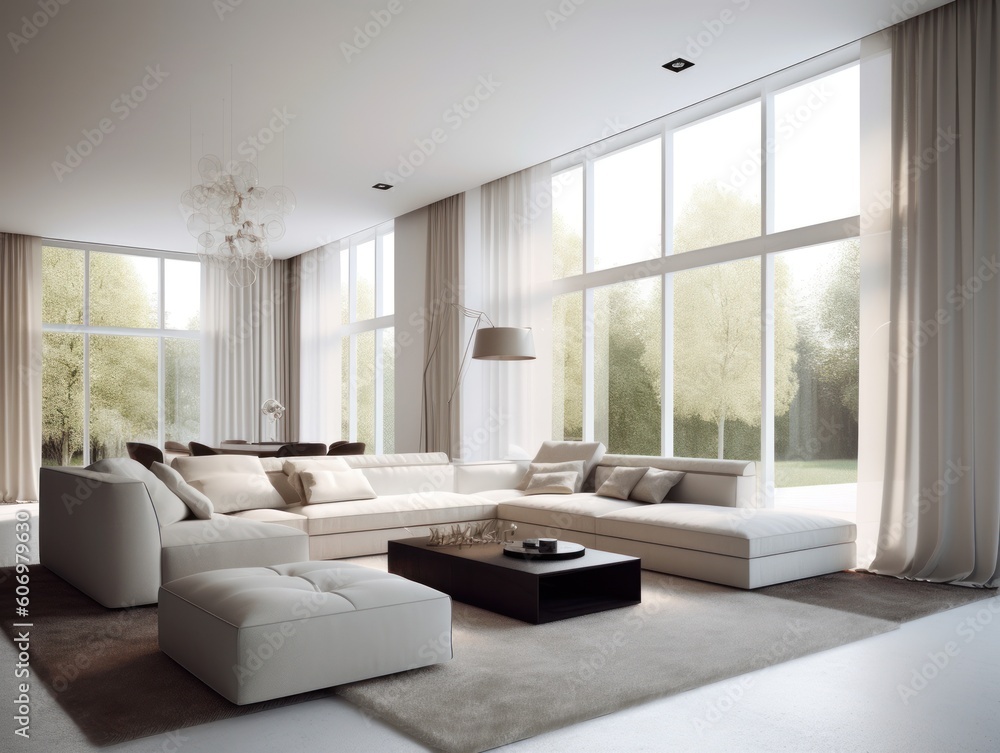 Minimal white modern living room with modern comfortable furniture. Generative AI Minimal white modern living room with modern comfortable furniture. Generative AI