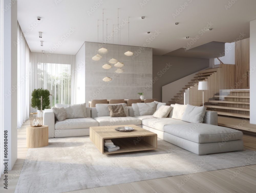 Minimal white modern living room with modern comfortable furniture. Generative AI Minimal white modern living room with modern comfortable furniture. Generative AI