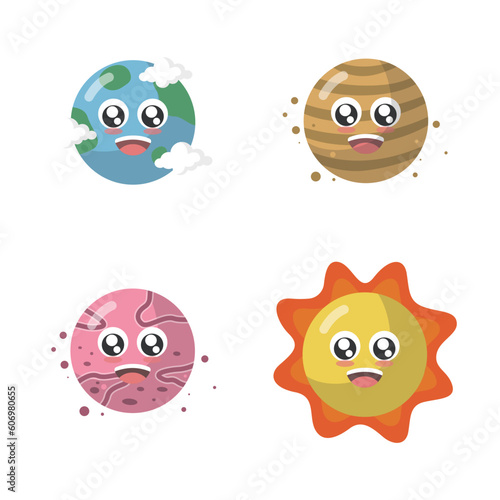 Cute planets. Cartoon sun, moon, earth and space solar system elements set. Vector cute planet illustration