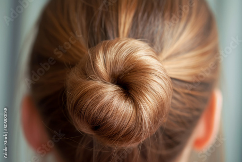 Back shot of brown hair bun, hairstyle close-up, created with Generative AI Technology