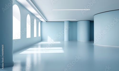Photo of a light blue blank wall and smooth floor with eye-catching highlights. Background for presentations.