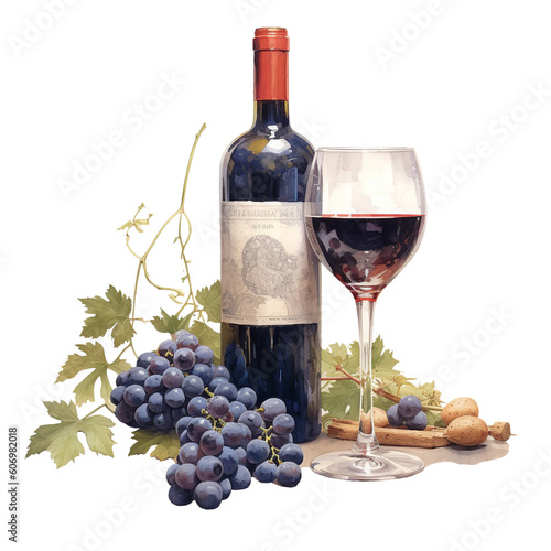 bottle of red wine with wine glass and grapes, watercolor, isolated on white or transparent background. Generative AI