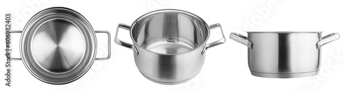 Stainless steel cooking pot, isolated on white background, full depth of field