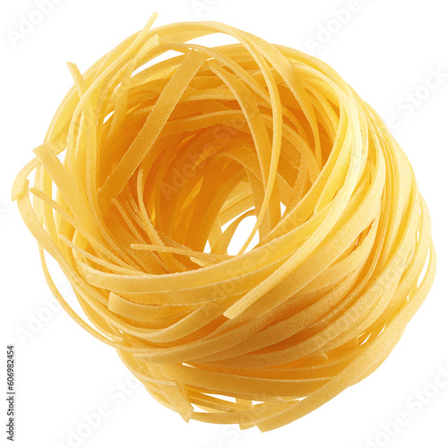 raw Tagliatelle, Tagliolini, Fettuccine, uncooked Italian Pasta, isolated on white background, full depth of field