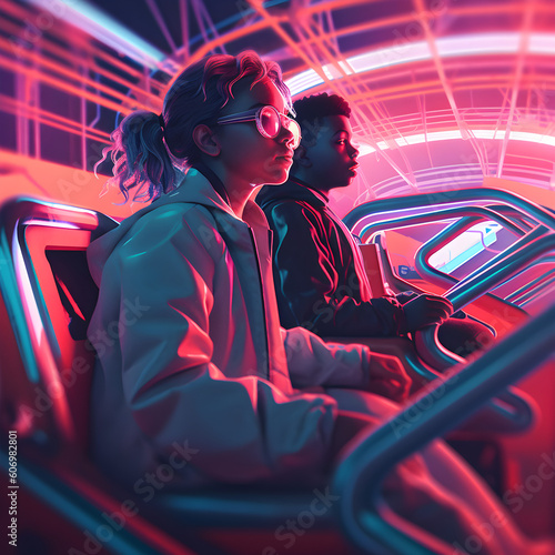 Teenagers riding a roller coaster at a cyberpunk amusement park illustration (Generative AI) © danid