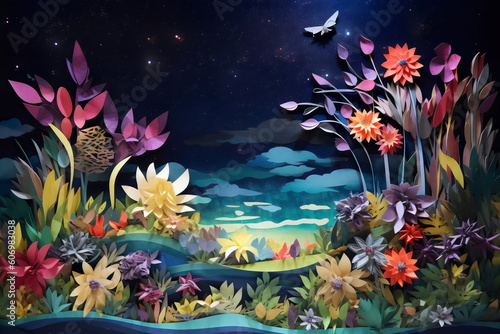 flowers and butterfly moth night scene made from paper collage, art made with generative ai