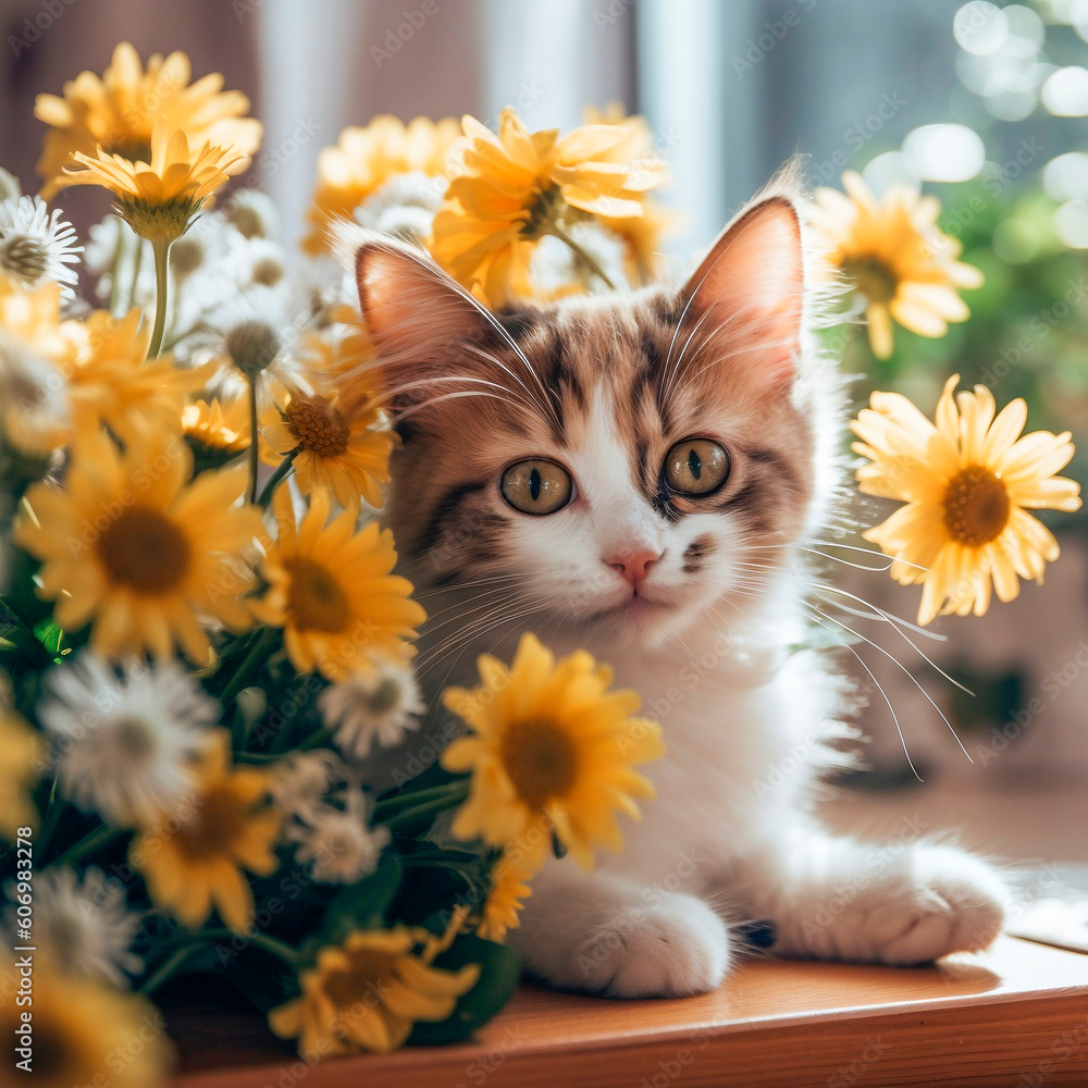 cute gray cat sits near the window surrounded by a bouquet of chamomile flowers, generated by AI.