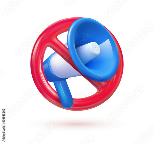 Prohibition vector isolated icon. Blue loudspeaker with red prohibition illustration. Attention of warning, danger, fake news. Prohibition of meetings, strikes and protests