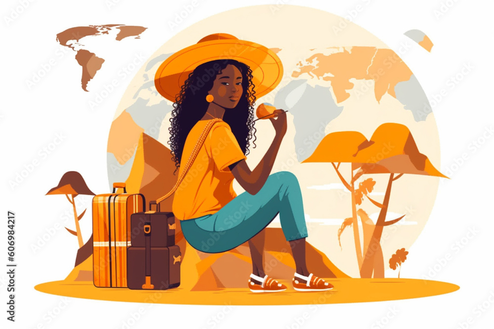 African journey. Woman traveler conceptual illustration. Colorful  illustration of traveler girl sitting over his luggage. Generative AI