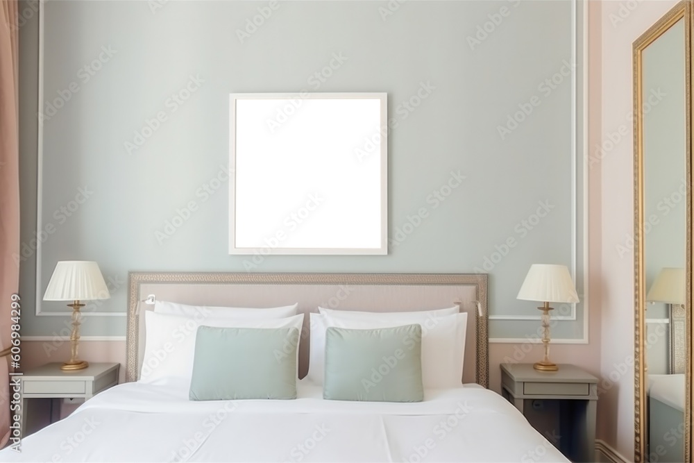 Fototapeta premium Hotel room in pastel colors with a mockup for a picture in a frame Generative AI
