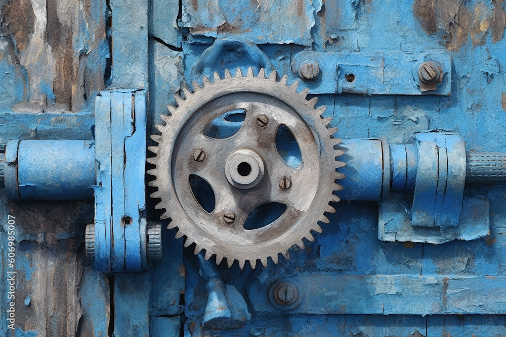 An image of a closeup up shot of a gear with blue peeling gate
