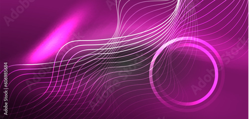Neon laser lines, circles waves abstract background. Neon light or laser show, electric impulse, power lines, techno quantum energy impulse, magic glowing dynamic lines