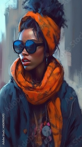 Beautiful girl in sunglasses, in the style of severe work with a palette knife, orange and indigo, precision art created with Generative AI technology