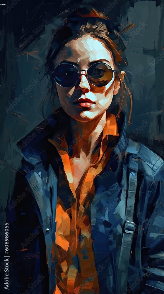 Beautiful girl in sunglasses, in the style of severe work with a palette knife, orange and indigo, precision art created with Generative AI technology