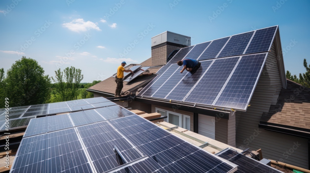 Fototapeta premium solar panesl or photovoltaic plant on the roof of a house. Generative AI