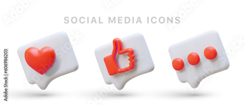 Bright and three dimensional icons for social networks. Like, comment, delighted. 3D illustration of reactions to posts on Internet. Speech clouds with color pictures. Sign language set