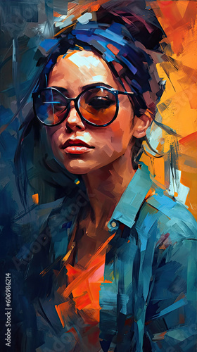 Beautiful girl in sunglasses, in the style of severe work with a palette knife, orange and indigo, precision art created with Generative AI technology