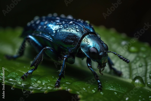 Image of a blue milkweed beetle on the leaf. Insect. Animals. Illustration. Generative AI. photo