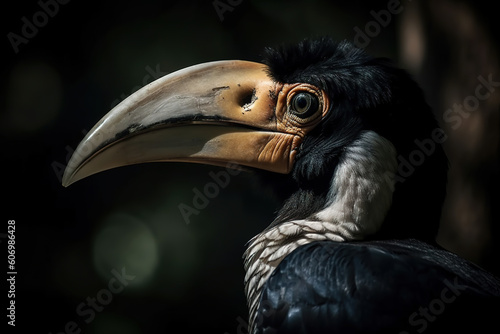 Image of hornbill head in the forest on natural background. Wild Animals. Bird. illustration. Generative AI. photo