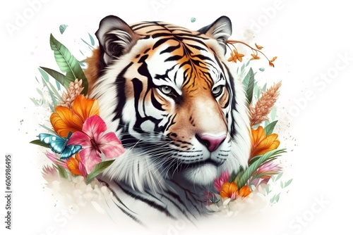 Image of tiger head with colorful tropical flowers. wildlife. Animal. illustration. Generative AI.
