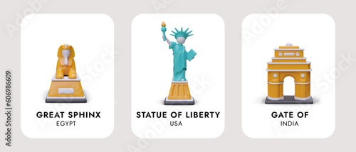 Most famous architectural monuments of world. Separate illustrations for design of categories, sections on site. 3D Great Sphinx, Statue of Liberty, Gateway of India